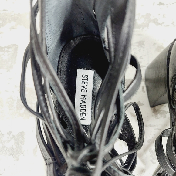New Steve Madden Cherri Black Leather Strappy Block Heel Sandals V193 - Picture 8 of 11